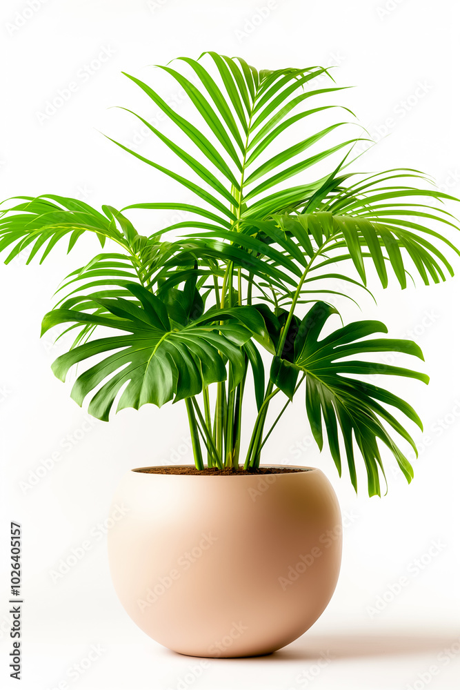 Obraz premium A lush palm plant with sweeping green fronds flourishes in a stylish beige planter, adding a touch of nature and elegance to a contemporary setting