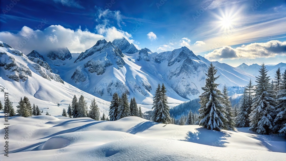 Winter mountain landscape with snow covered blue mountains Winter mountain landscape with snow covered blue mountains