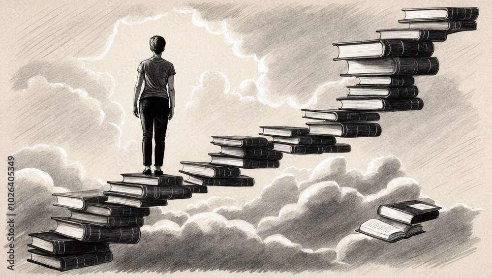 Pathway of Floating Books Leading into Sky Symbolizing Knowledge Journey Pathway of Floating Books Leading into Sky Symbolizing Knowledge Journey