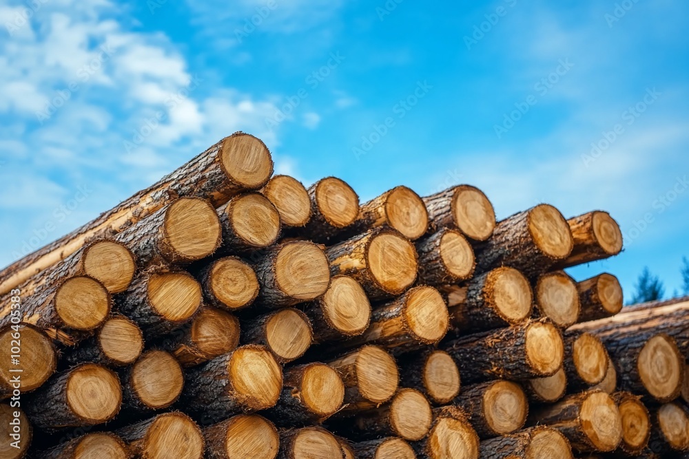 Stacked logs against a blue sky, showcasing timber for industry use. Stacked logs against a blue sky, showcasing timber for industry use.