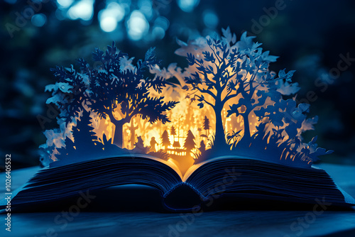 Magical Storybook Forest, A captivating paper-cut artwork featuring a storybook that opens to reveal an enchanting forest scene.