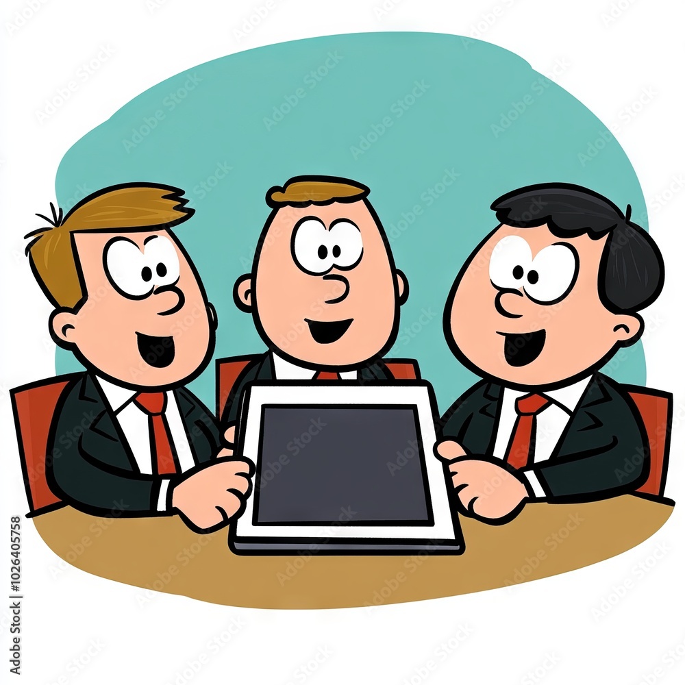 Three cartoon businessmen discussing a tablet at a meeting table. Three cartoon businessmen discussing a tablet at a meeting table.
