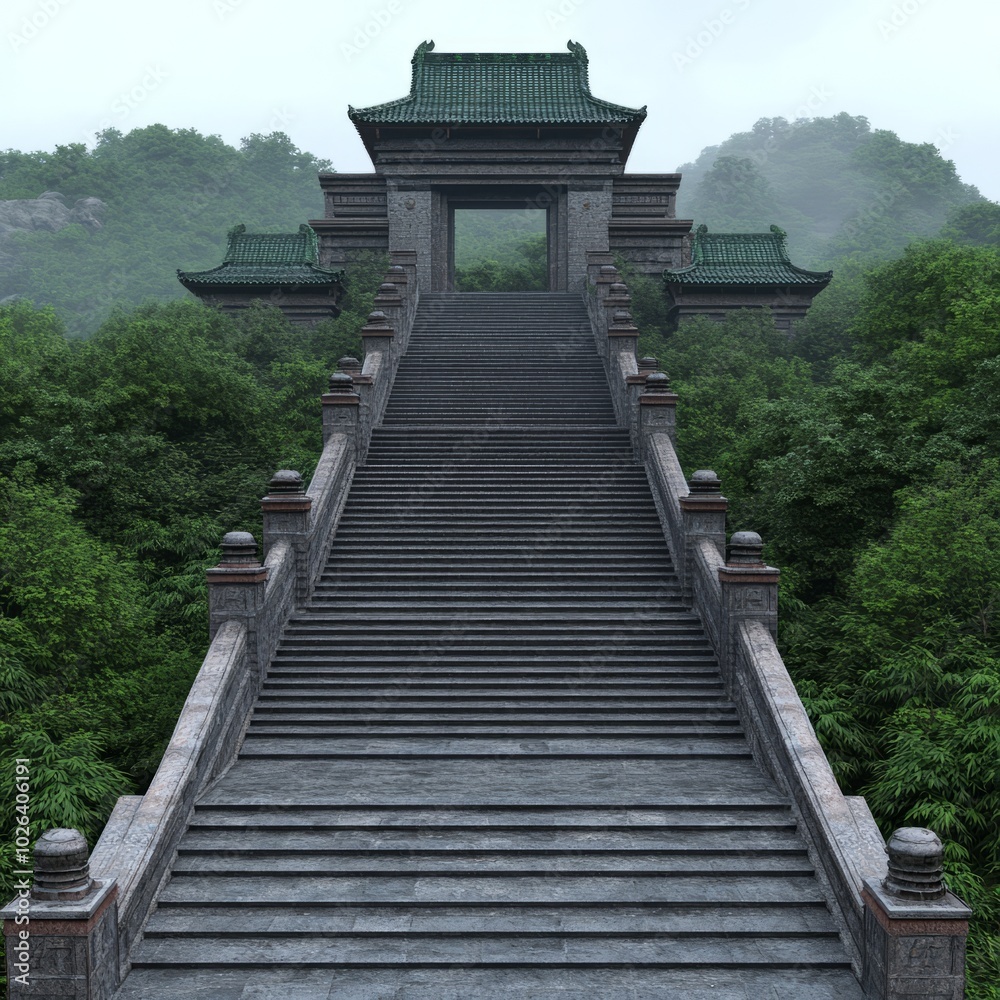 A grand staircase leads to a traditional temple amidst lush greenery. A grand staircase leads to a traditional temple amidst lush greenery.