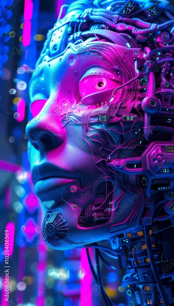 Surreal ai head with intricate circuit patterns amidst neon blue and pink cyberpunk lights Surreal ai head with intricate circuit patterns amidst neon blue and pink cyberpunk lights