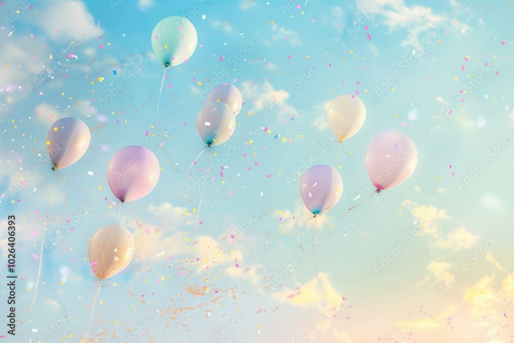 Fototapeta premium Dreamy Pastel Birthday Celebration Background with Balloons and Confetti for Festive Designs