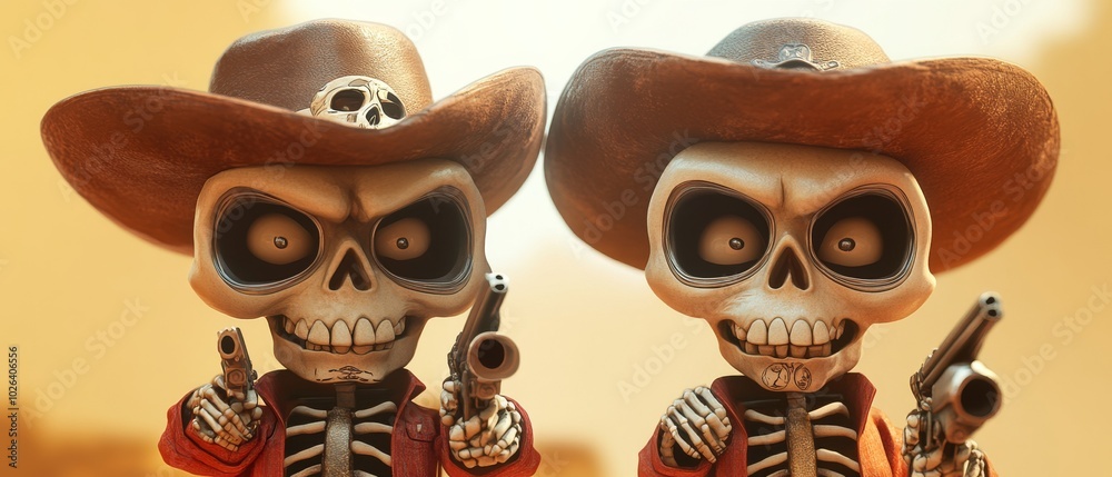 Two skeletons wearing cowboy hats and holding guns Two skeletons wearing cowboy hats and holding guns