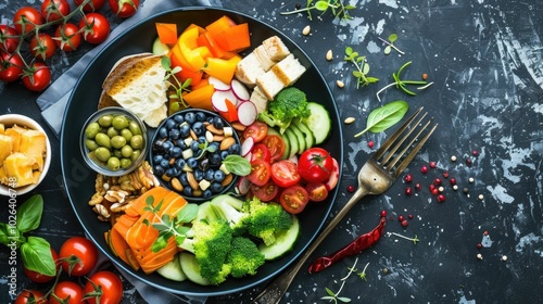 Balanced diet plate with labeled sections