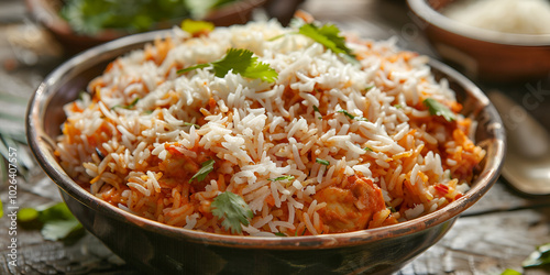 Indian food Delicious chicken biryani rice Pakistani meal rice in beautiful silver plate with blur background