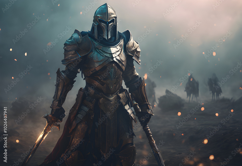 Fototapeta premium A ghost soldier in ancient armor, with wounds all over his body, stands on a battlefield filled with fog and the remains of old weapons.