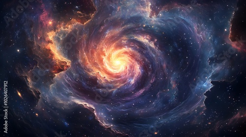 A nebula-like cradle of stars surrounding a cosmic being with swirling galaxies representing creation