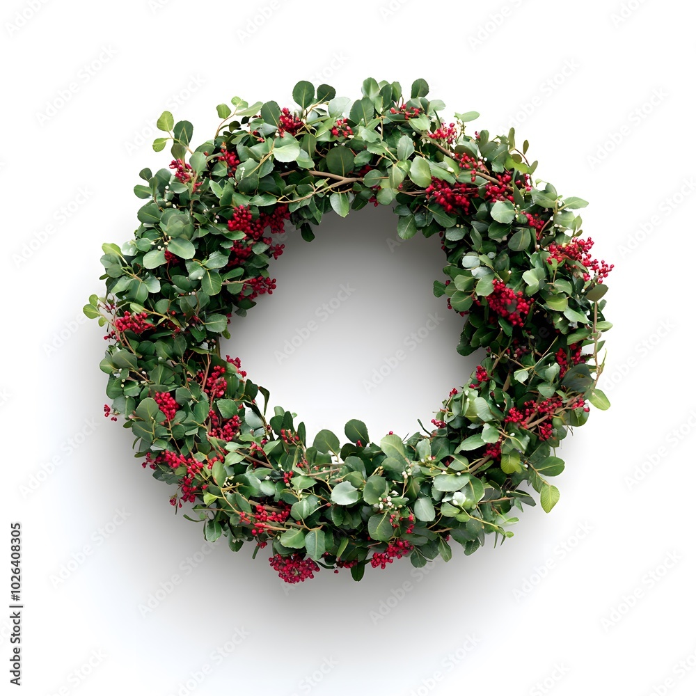 Festive green wreath with red berries for holiday decoration and seasonal celebrations Festive green wreath with red berries for holiday decoration and seasonal celebrations
