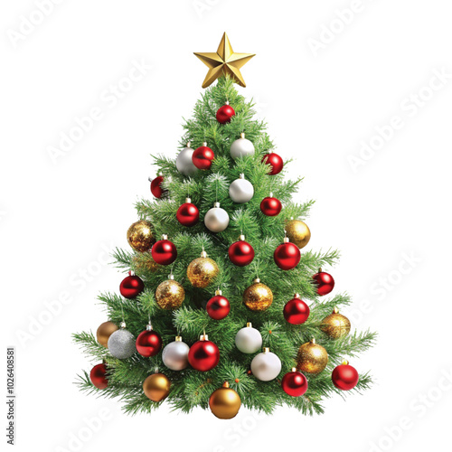Realistic Christmas Tree with lights, red and gold Christmas balls, gold tinsel garland and stars png design