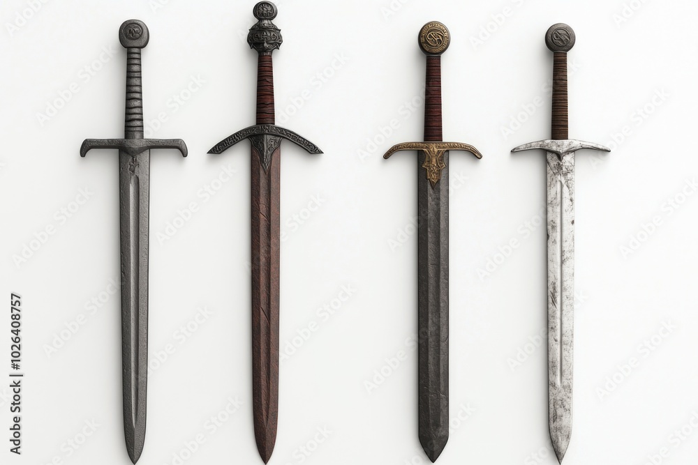 Three medieval-style swords sit together on a surface, waiting for use or display Three medieval-style swords sit together on a surface, waiting for use or display
