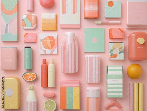 A flat lay of various pastel-colored packaging and products on a pink background.