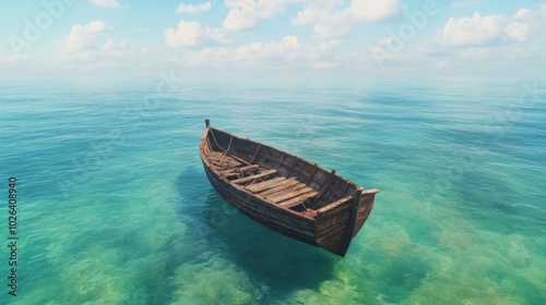 Wooden ship on the ocean, rusty stern against the vast sea, symbolizing history photo