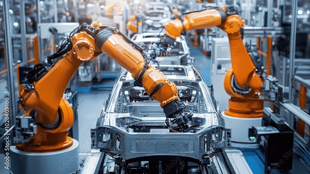 Automotive factory with robotic machinery building car frames, representing innovation and high-precision production Automotive factory with robotic machinery building car frames, representing innovation and high-precision production