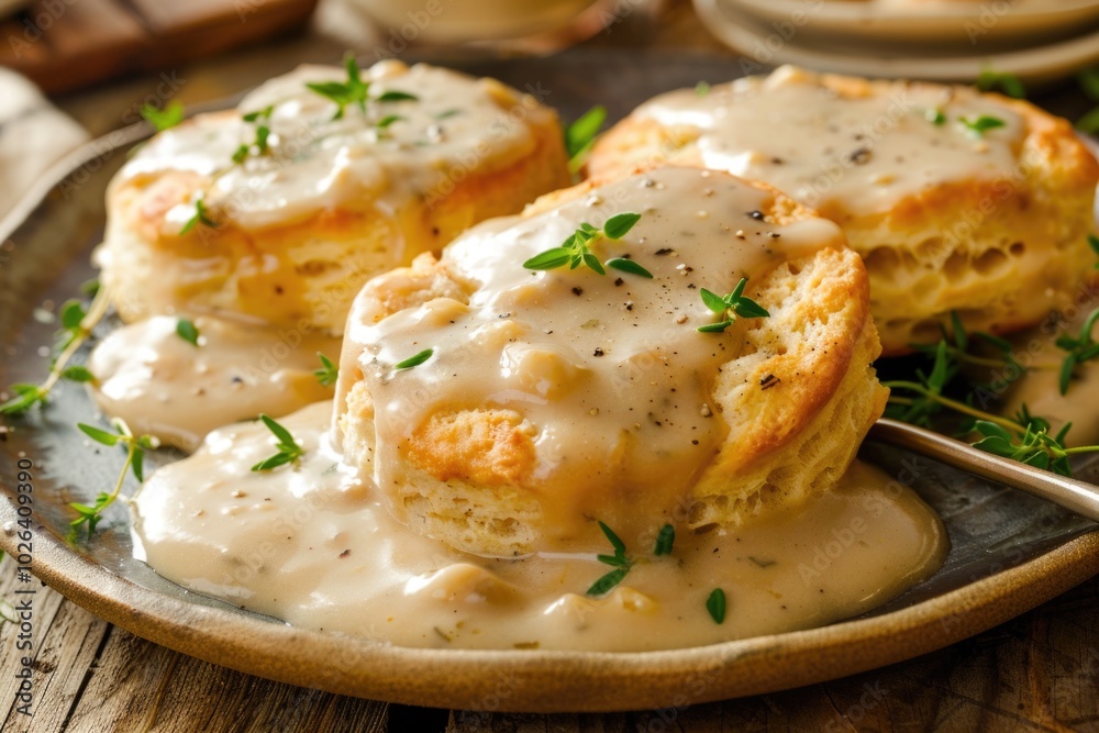 Freshly baked biscuits smothered in rich gravy sauce, perfect for breakfast or brunch Freshly baked biscuits smothered in rich gravy sauce, perfect for breakfast or brunch