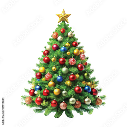 Realistic Christmas Tree with lights, red and gold Christmas balls, gold tinsel garland and stars png design