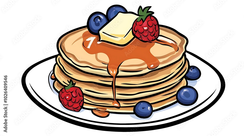 A stack of fluffy pancakes topped with syrup, butter, and fresh berries. Illustration A stack of fluffy pancakes topped with syrup, butter, and fresh berries. Illustration