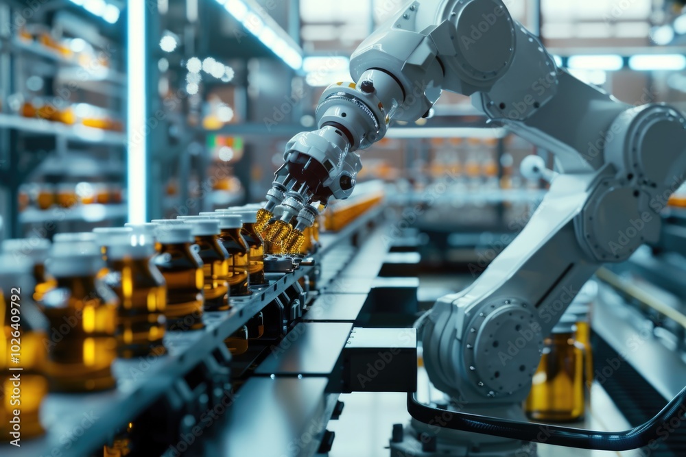 A machine working on bottles in a factory setting A machine working on bottles in a factory setting