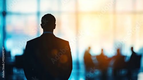 Business leader silhouette stands out against a blurred conference room backdrop, emphasizing leadership, decision-making