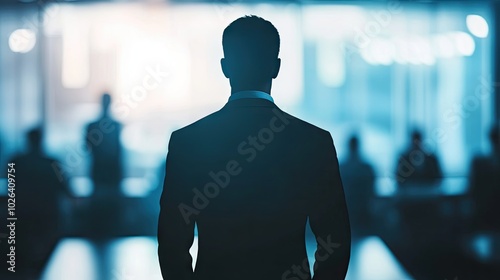 Business leader silhouette stands out against a blurred conference room backdrop, emphasizing leadership, decision-making