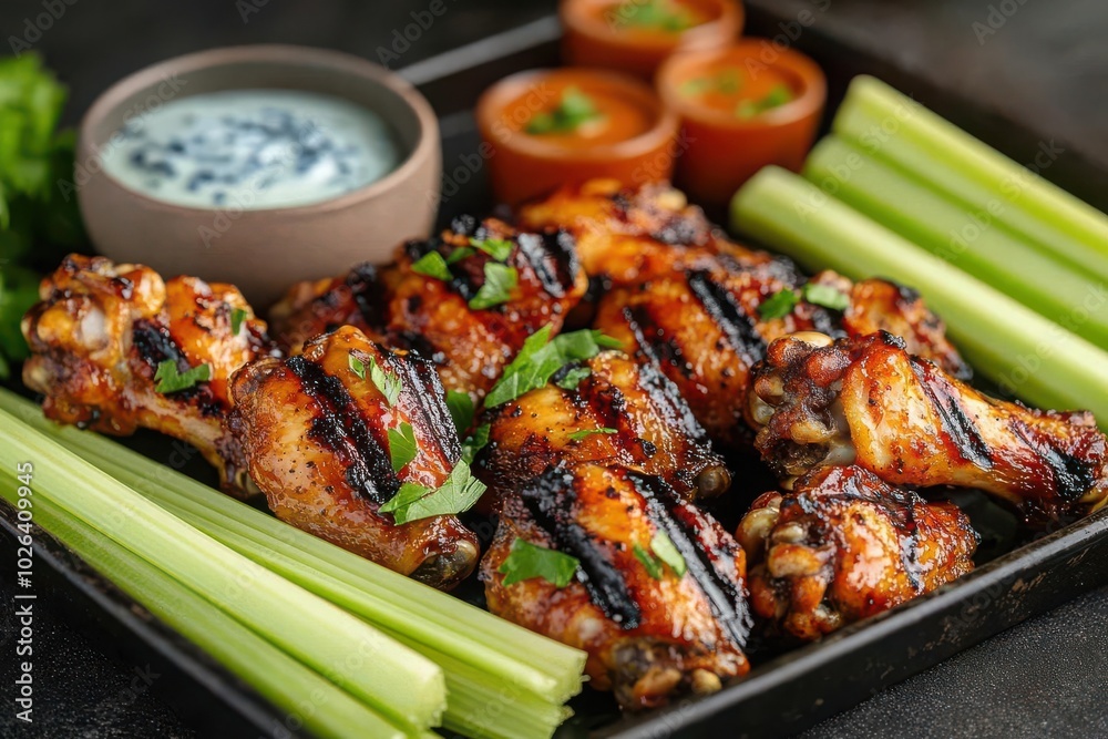 A tray of grilled chicken wings served with celery sticks and blue cheese dipping sauce, grilled wings, pub appetizer A tray of grilled chicken wings served with celery sticks and blue cheese dipping sauce, grilled wings, pub appetizer