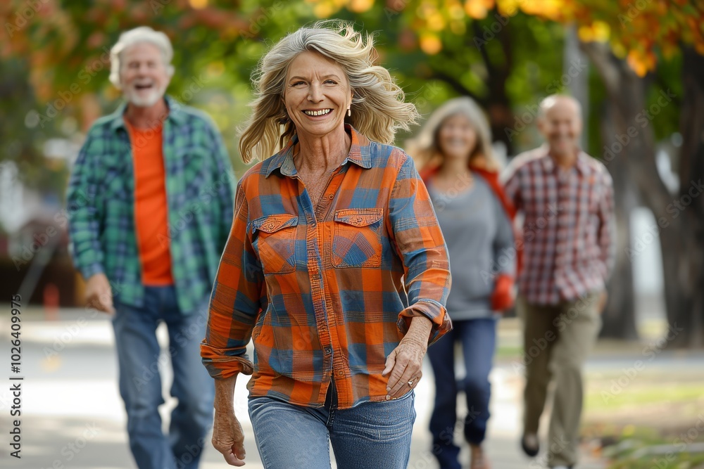 Group of seniors walking in the park. Selective focus on the woman Group of seniors walking in the park. Selective focus on the woman