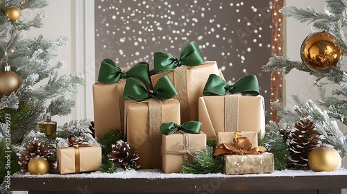 An elegant, ecofriendly Christmas gift arrangement featuring handtied packages with rustic, natureinspired decor, creating a cozy and green holiday vibe.
