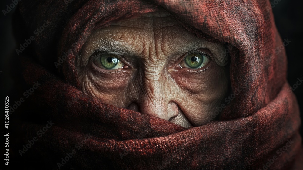 A man with a green eye is wearing a red scarf A man with a green eye is wearing a red scarf