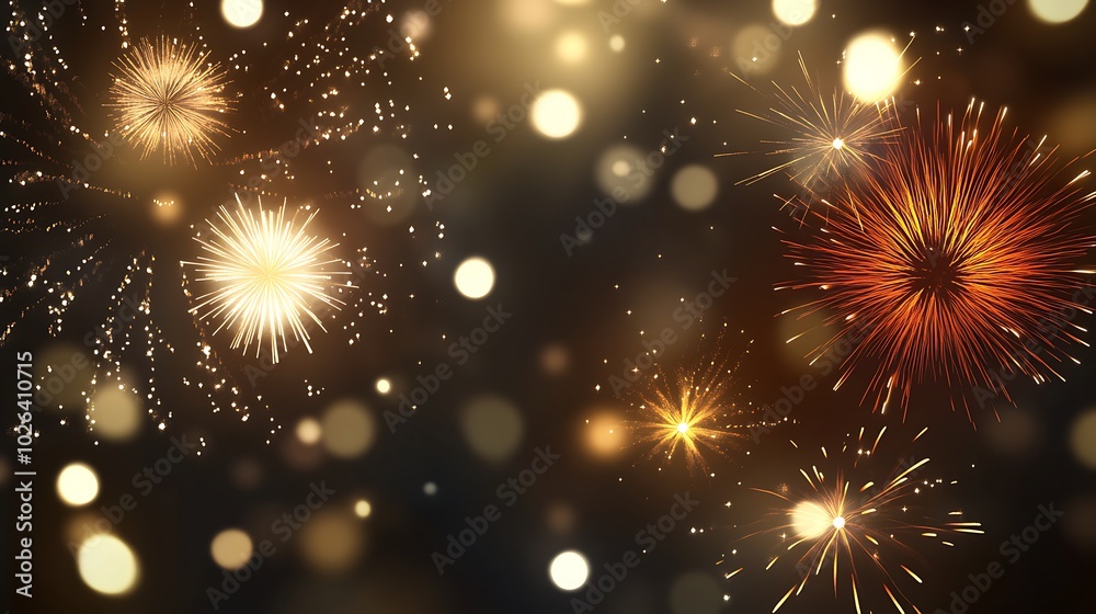 Fototapeta premium Isolated fireworks bursts lighting up the night sky, surrounded by a golden bokeh effect for a warm, festive feel.