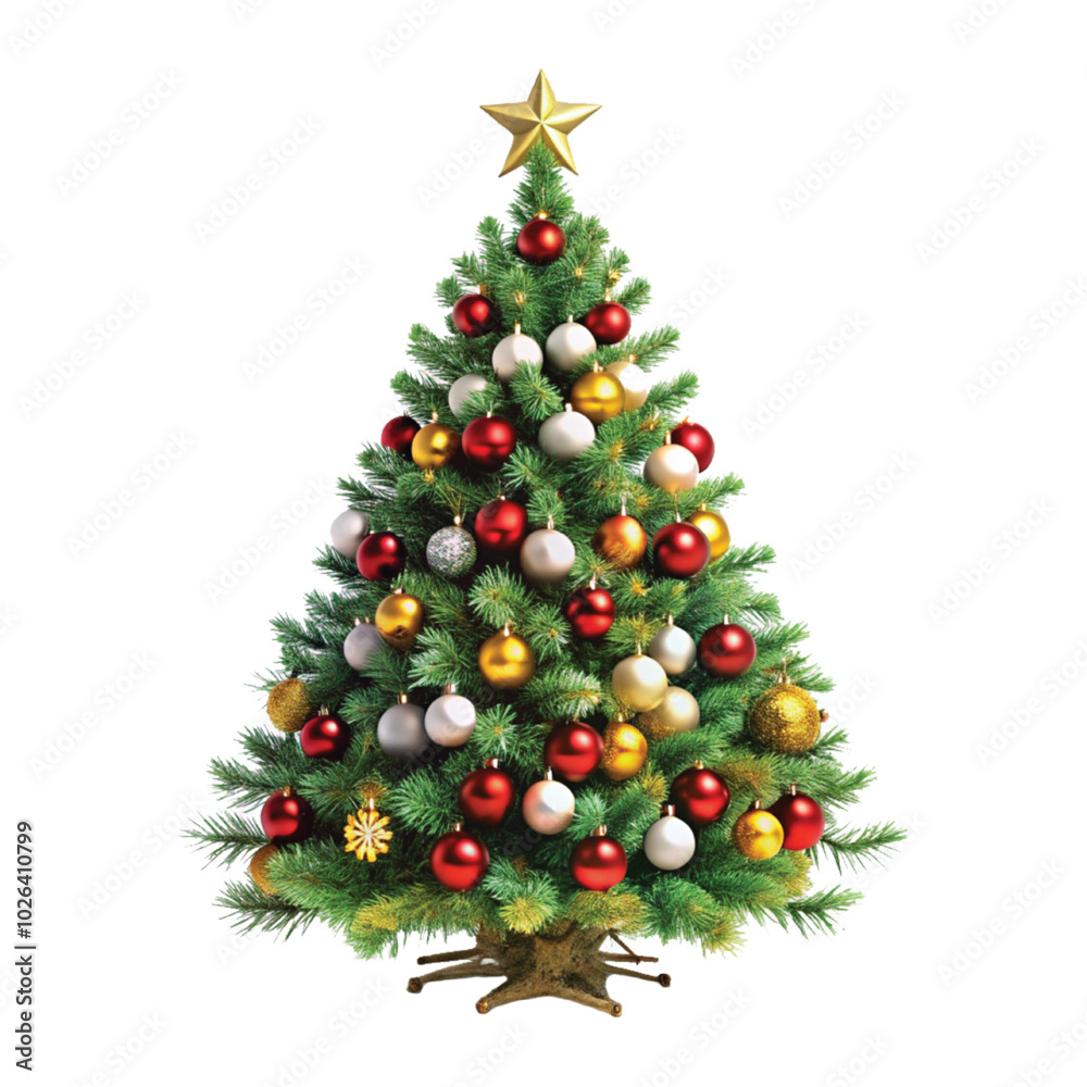 Realistic Christmas Tree with lights, red and gold Christmas balls, gold tinsel garland and stars png design Realistic Christmas Tree with lights, red and gold Christmas balls, gold tinsel garland and stars png design