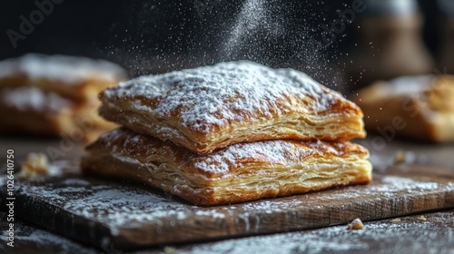 Delicious puff pastry being dusted with powdered sugar on wooden board photo