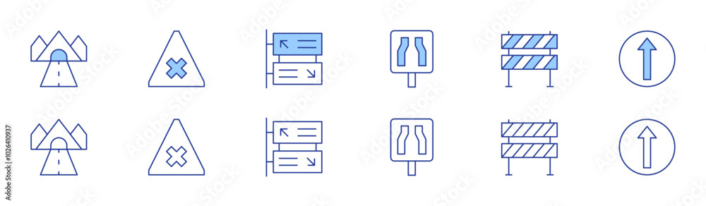 Road icon set in two styles, Duotone and Thin Line style. Editable stroke. narrow road, traffic barrier, straight, road, alert, direction Road icon set in two styles, Duotone and Thin Line style. Editable stroke. narrow road, traffic barrier, straight, road, alert, direction