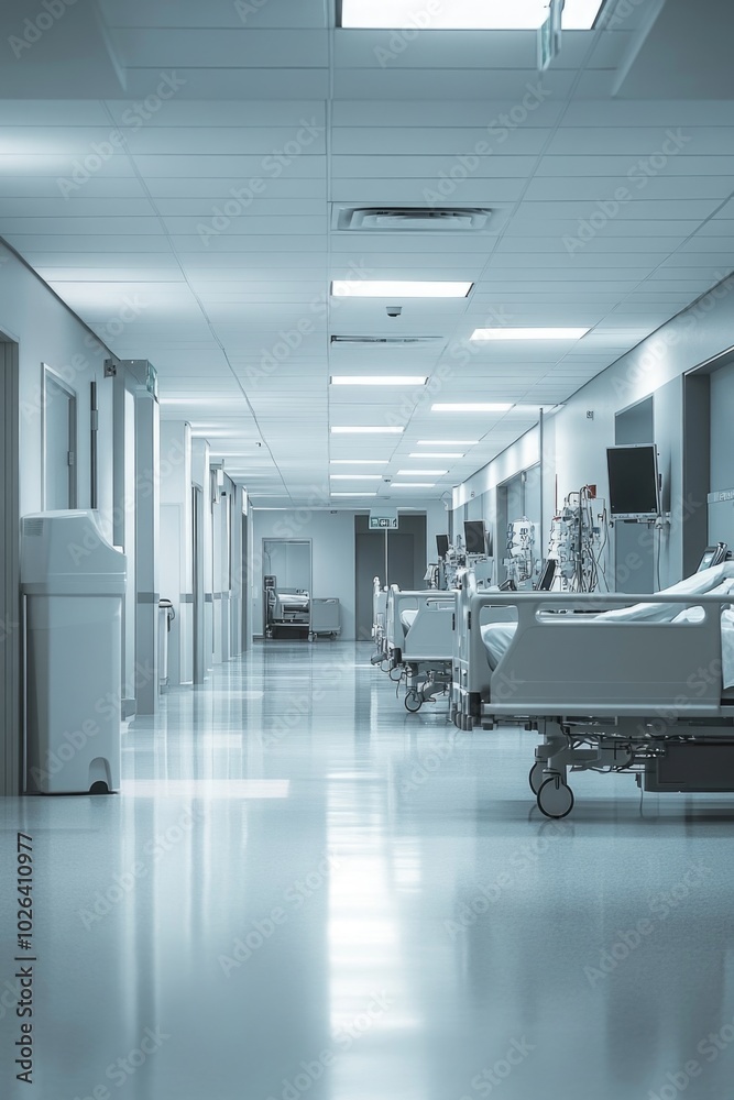 A hospital room with a row of beds and medical equipment A hospital room with a row of beds and medical equipment