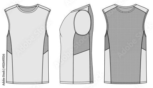 Men's vest top, t-shirt , Fashion Flat Sketch Vector Illustration, CAD, Technical Drawing, Flat Drawing, Template, Mockup.
