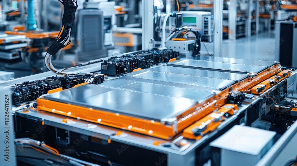 Close-up of lithium-ion battery modules being assembled for electric vehicles, showcasing advanced manufacturing in the automobile industry. Close-up of lithium-ion battery modules being assembled for electric vehicles, showcasing advanced manufacturing in the automobile industry.