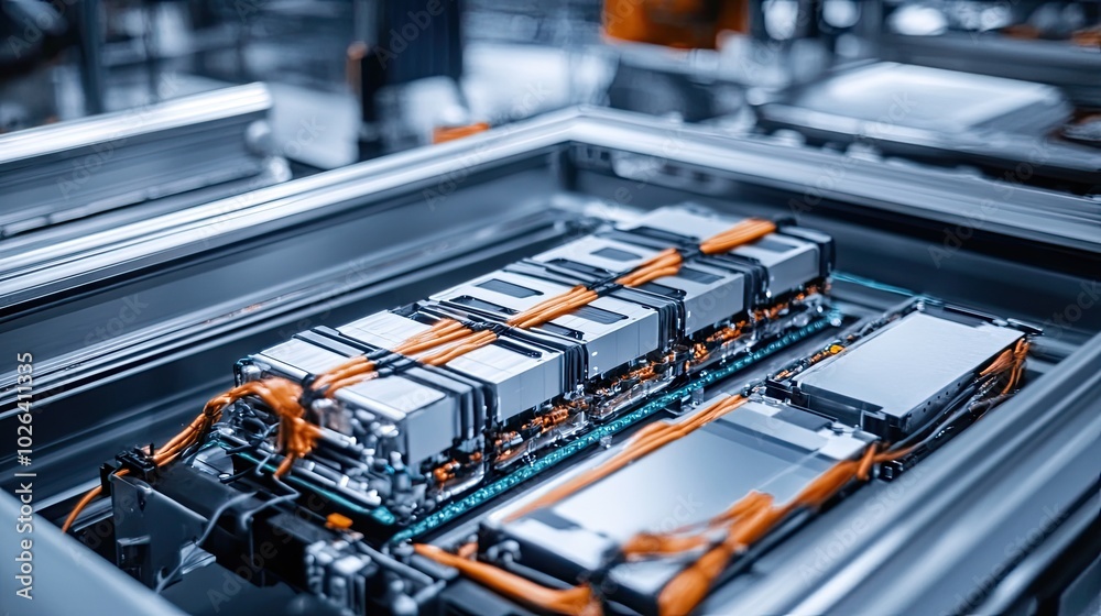 Close-up of lithium-ion battery modules being assembled for electric vehicles, showcasing advanced manufacturing in the automobile industry. Close-up of lithium-ion battery modules being assembled for electric vehicles, showcasing advanced manufacturing in the automobile industry.