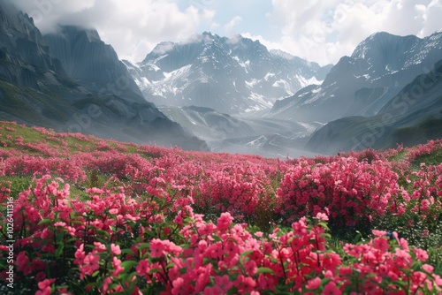 A picturesque scene of a field of pink flowers against a mountainous backdrop