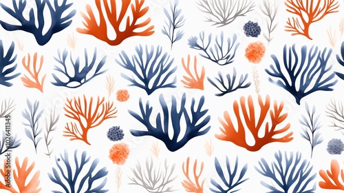 Seamless pattern of colorful abstract coral shapes in orange, blue, and light gray hues on a white background.