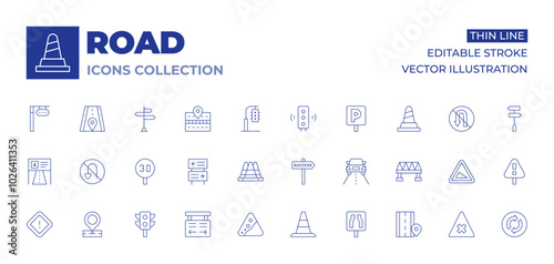Road icons collection. Thin Line icons, editable stroke. placeholder, roundabout, traffic cone, traffic lights, narrow road, alert, falling rocks, caution, directional sign, road
