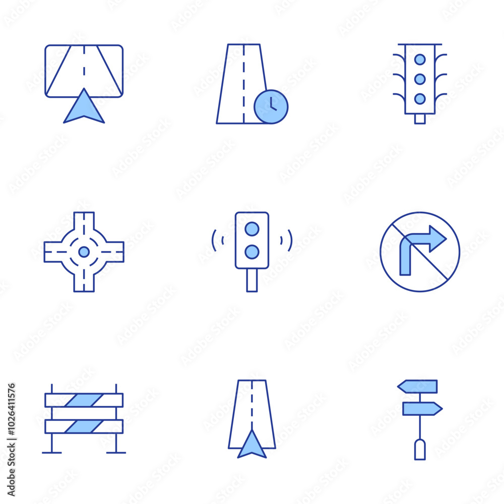 Road icons set. Line Duotone style, editable stroke. traffic lights, fence, time, no turn right, panel, road, navigator, navigation Road icons set. Line Duotone style, editable stroke. traffic lights, fence, time, no turn right, panel, road, navigator, navigation