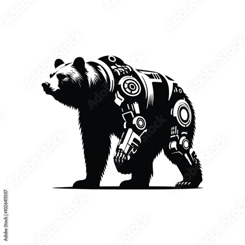 Futuristic Robotic Bear Standing Roaring Cyberpunk Animal Vector for Sci-Fi Graphic Design