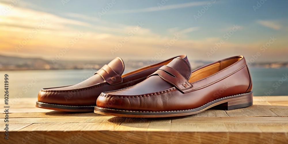 Naklejka premium Pair of brown penny loafers with beige background