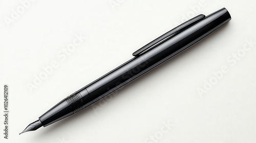 A sleek black fountain pen poised elegantly on a minimalist white surface, inviting creativity and inspiration on a calm afternoon