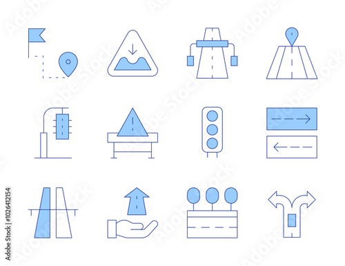 Road icons. Line Duotone style, editable stroke. barrier, parking, pothole, distance, road, future, traffic lights, two ways, highway, traffic light