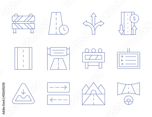 Road icons. Thin Line style, editable stroke. pothole, barrier, choice, road banner, parking, time, road, racing game, traffic sign