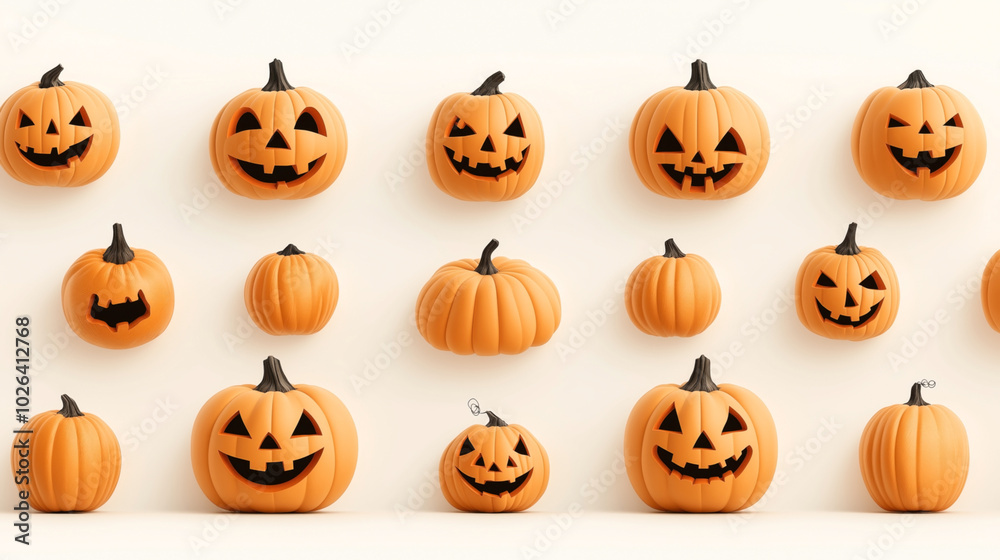 A collection of orange pumpkins with carved jack-o'-lantern faces and plain pumpkins on a light background. A collection of orange pumpkins with carved jack-o'-lantern faces and plain pumpkins on a light background.