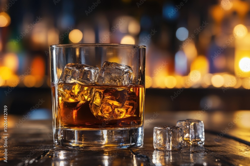 A glass of whiskey sits atop a wooden table, ready for drinking A glass of whiskey sits atop a wooden table, ready for drinking