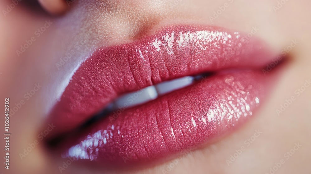 Fototapeta premium Detailed close-up of smooth, glossy pink lips, focusing on their perfect texture and allure, ideal for beauty, makeup, or skincare advertising.